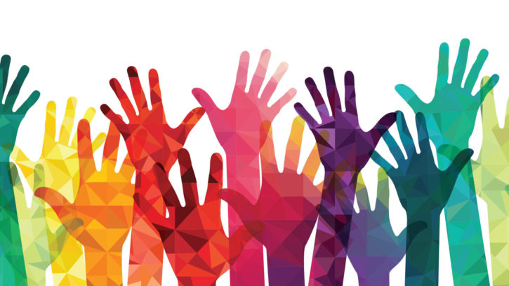 colorful, raised hands demonstrate a centering equity approach
