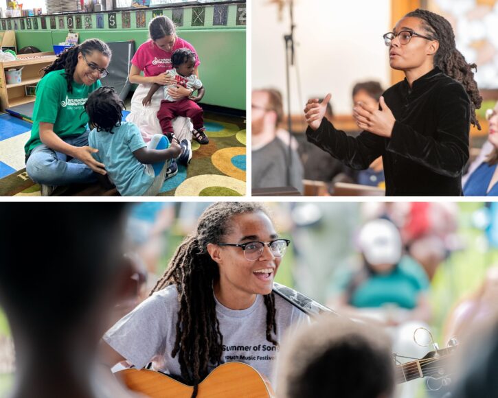 Wilmington Children's Chorus Ariel Alvarado teaching and playing music.