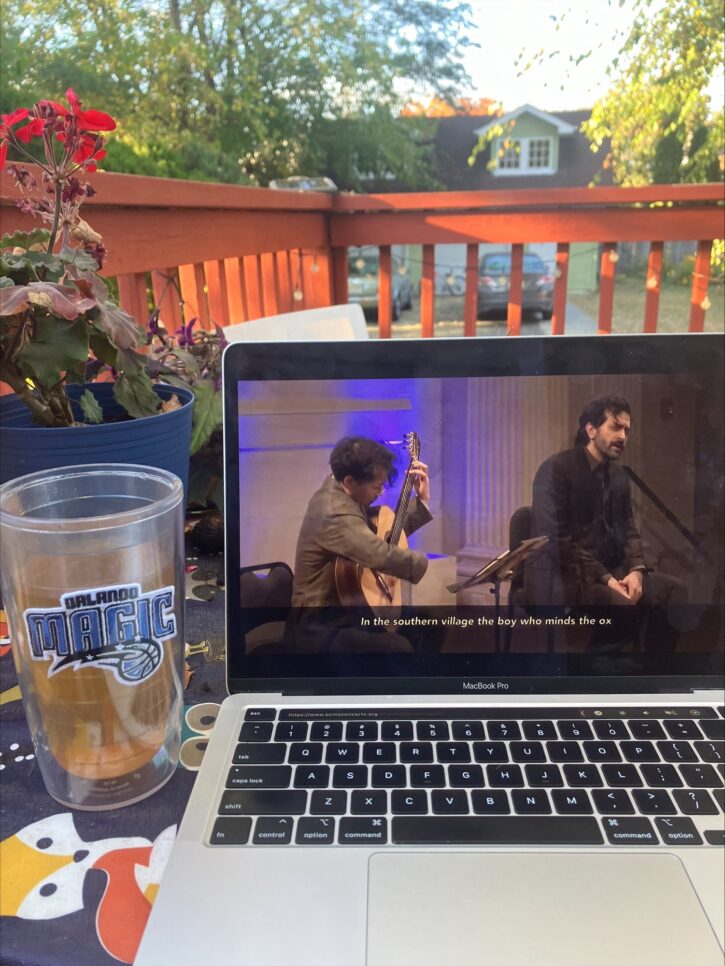 A livestream performance by Philadelphia Chamber Music Society on a laptop.